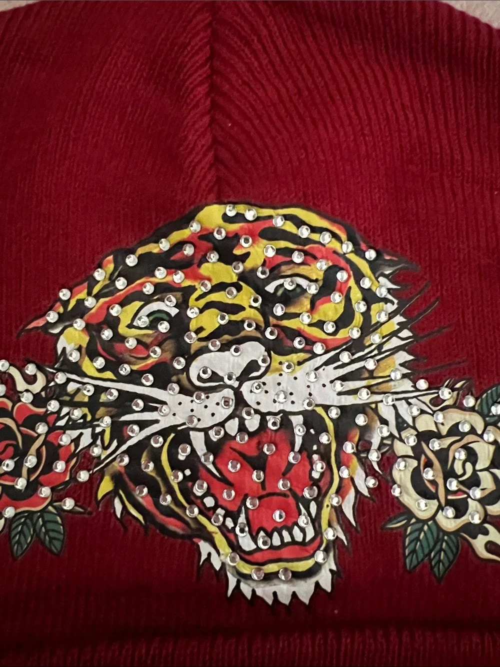 New Ed Hardy Maroon Red Beanie with Embroidered Tiger and Roses